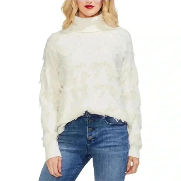 [XXL] Vince Camuto Rolled Neck Cream/White Geometric  Fringe Pullover Sweater - Picture 1 of 8